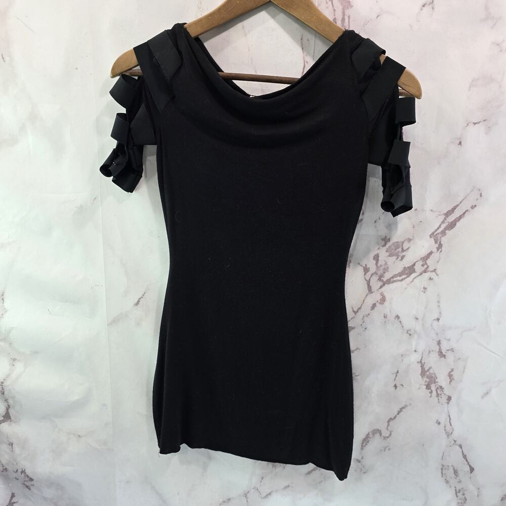 Bailey 44 Top Womens XS Black Cut Out Sleeve Off Shoulder Stretchy Ribbon